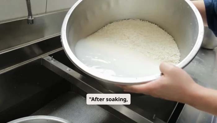 Strain the rice water into a clean bowl. You can save the rice for cooking later.
