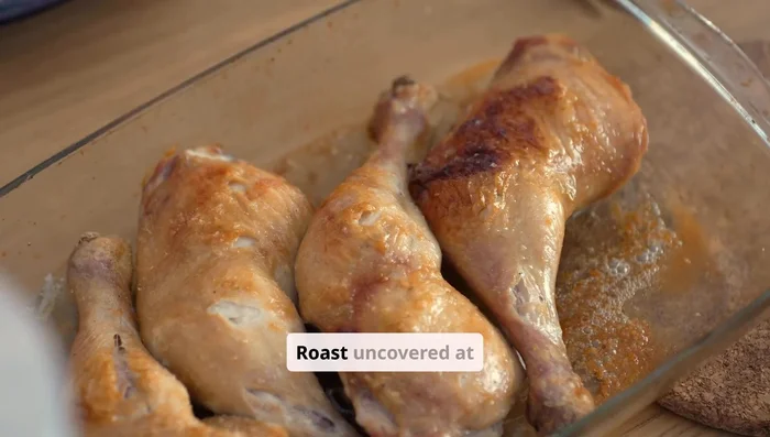 Roast uncovered at 450°F (232°C) for 12 minutes to crisp the skin.