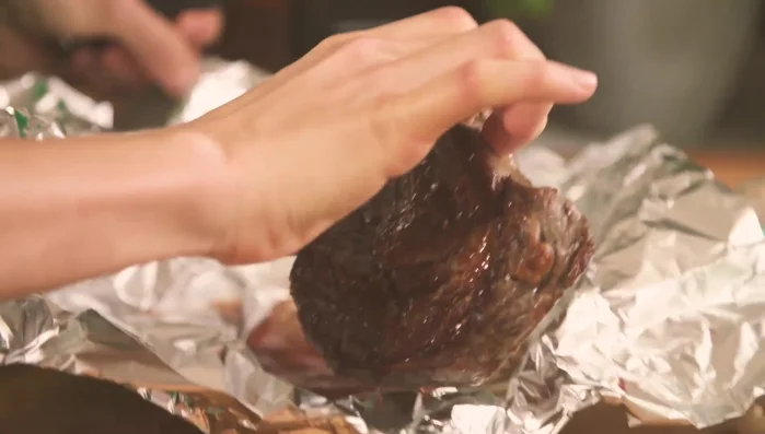 Add the steak juices to the dressing.