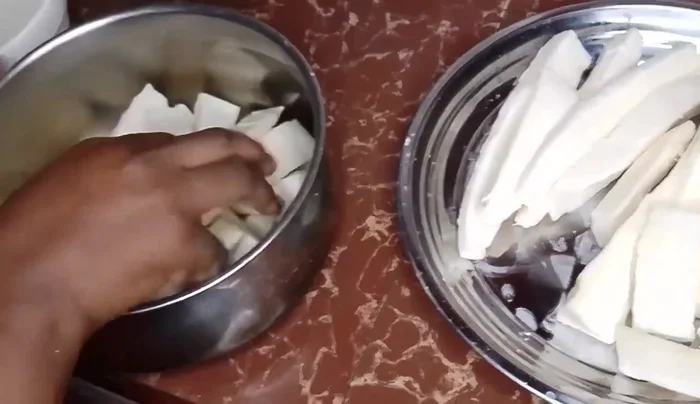 Boil the cassava mixture for about 5 minutes, then remove from heat. This steaming process will make the fries softer inside.