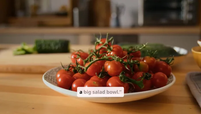 Transfer tomatoes and cucumber into a large salad bowl.